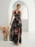 Elegant Flower Print Chiffon Dress for Women - Sexy Halter V Neck Backless Long Summer Fashion Party Dress